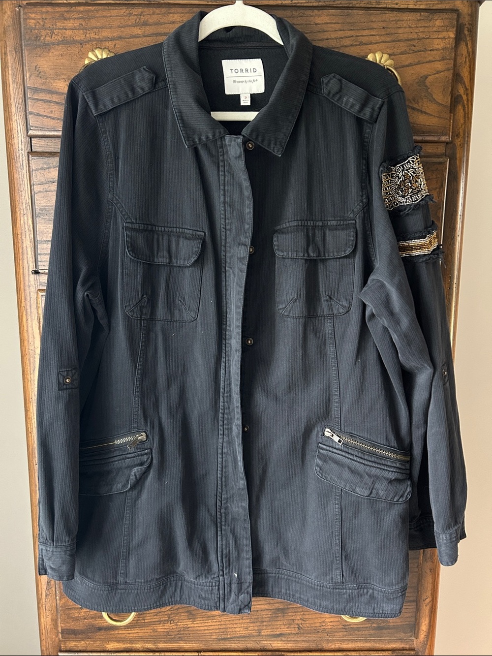 TORRID Black Utility Jacket with Beaded Embroidered Sleeve Patch, Size 2X